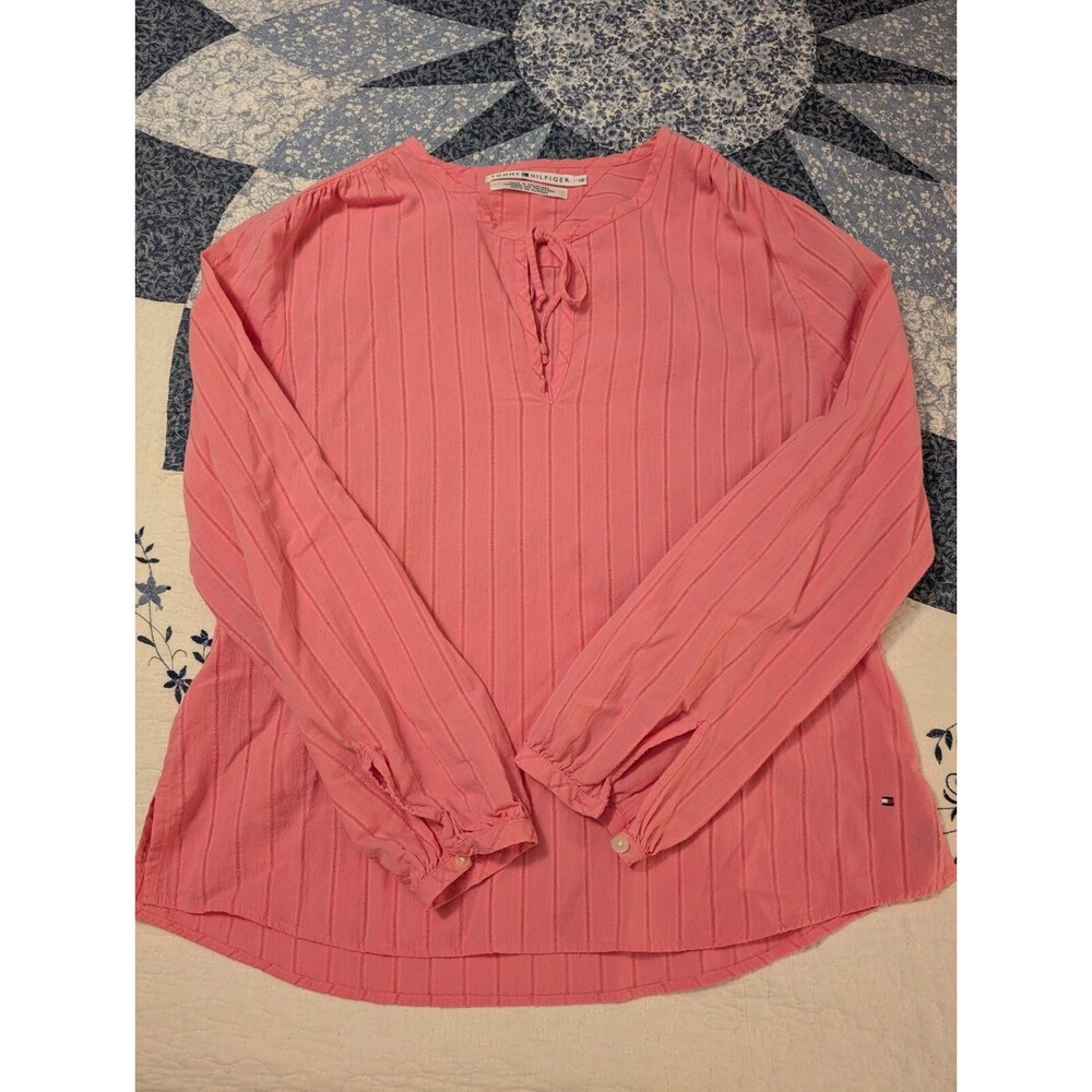 Tommy Hilfiger Pink Tie Neck Key Hole Neck Blouse Long Sleeve Size 16